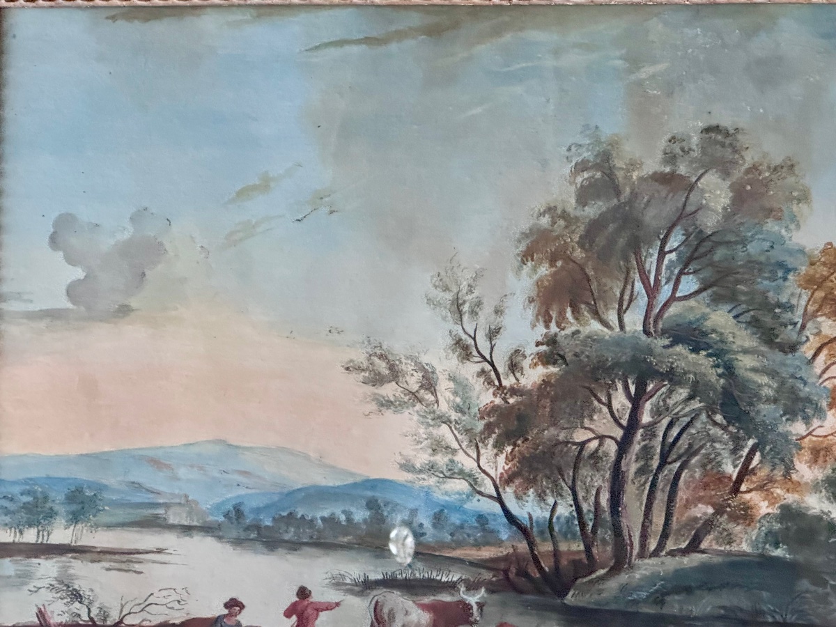 Aquarelle et gouache fin XVIIIème , le passage de rivière .-photo-4