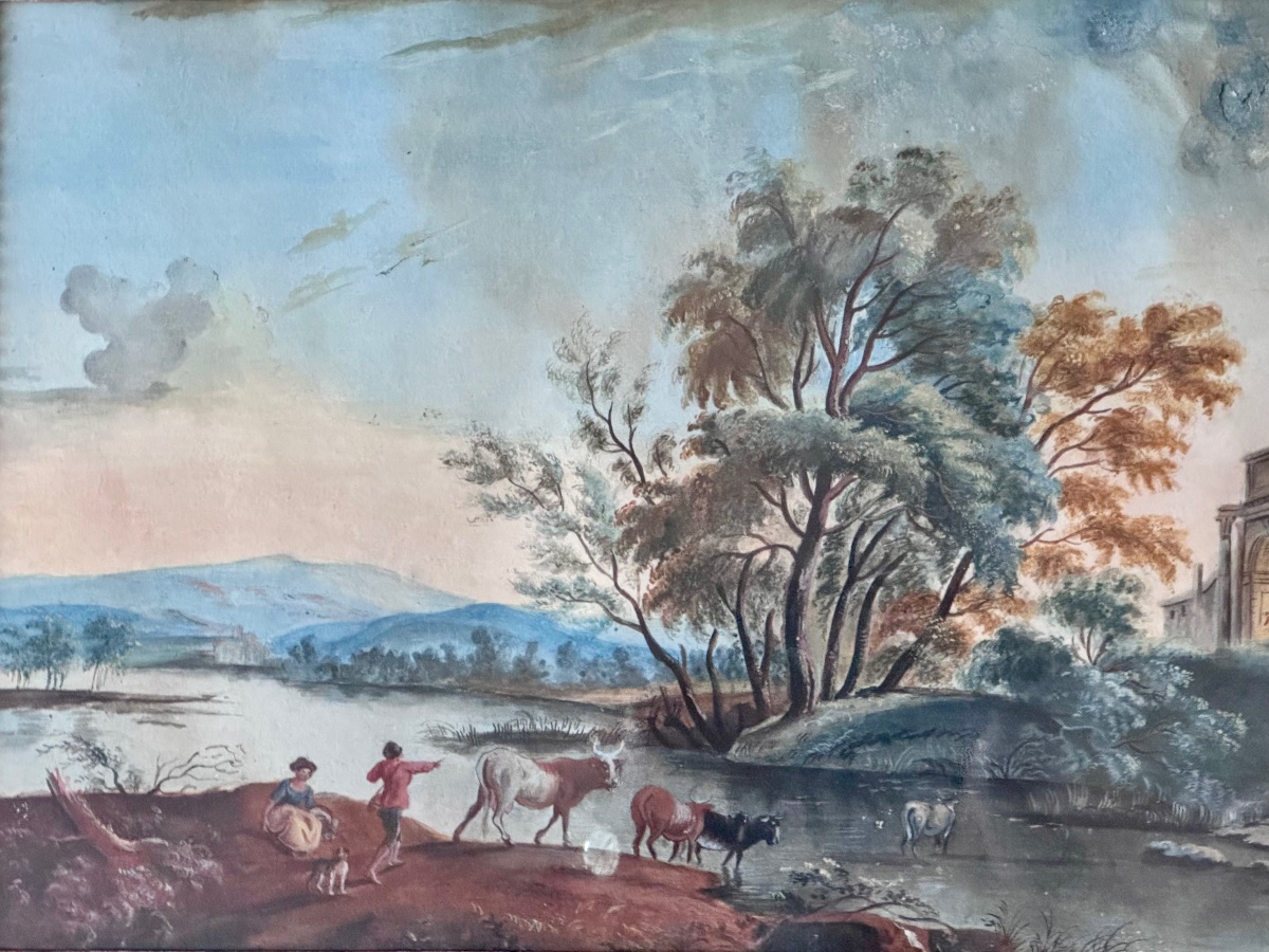Aquarelle et gouache fin XVIIIème , le passage de rivière .-photo-1