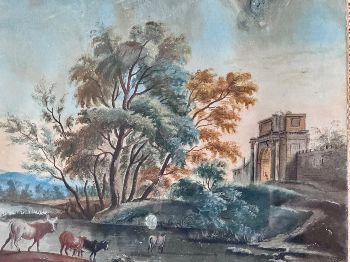 Aquarelle et gouache fin XVIIIème , le passage de rivière .-photo-2