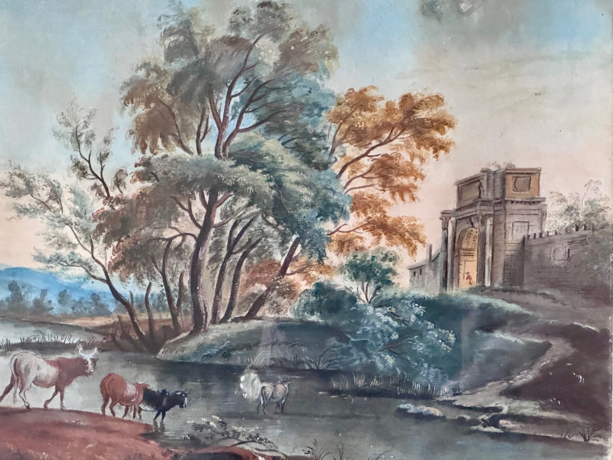 Aquarelle et gouache fin XVIIIème , le passage de rivière .-photo-3