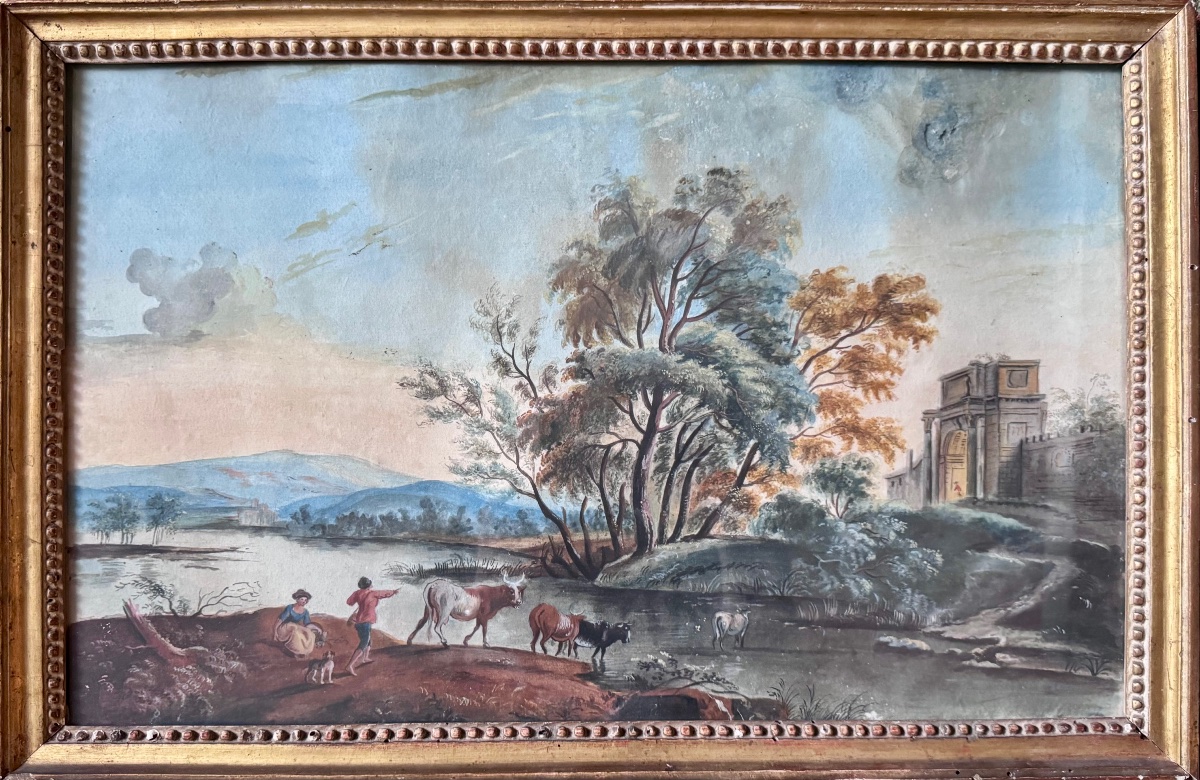 Aquarelle et gouache fin XVIIIème , le passage de rivière .