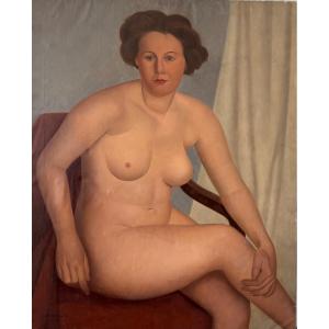 Oil On Canvas, Seated Nude Woman, Belgian School 1950
