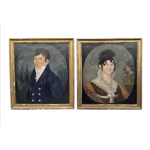 Paire de portraits circa 1830 , style shabby chic 