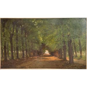Allée cavalière , grande huile sur toile XIXème , signée .