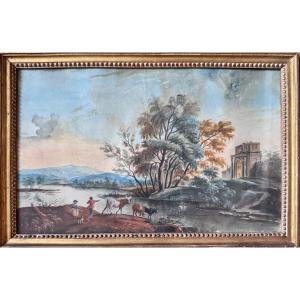 Aquarelle et gouache fin XVIIIème , le passage de rivière .