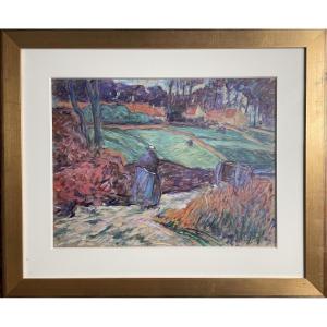 Grande gouache école de Pont -Aven une Bretonne sur un sentier