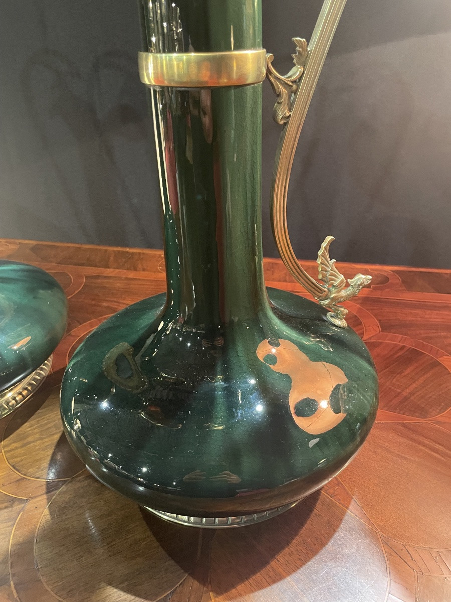 Pair Of Hasselt Majolica Ewers With Gilt Bronze Mounting -photo-3