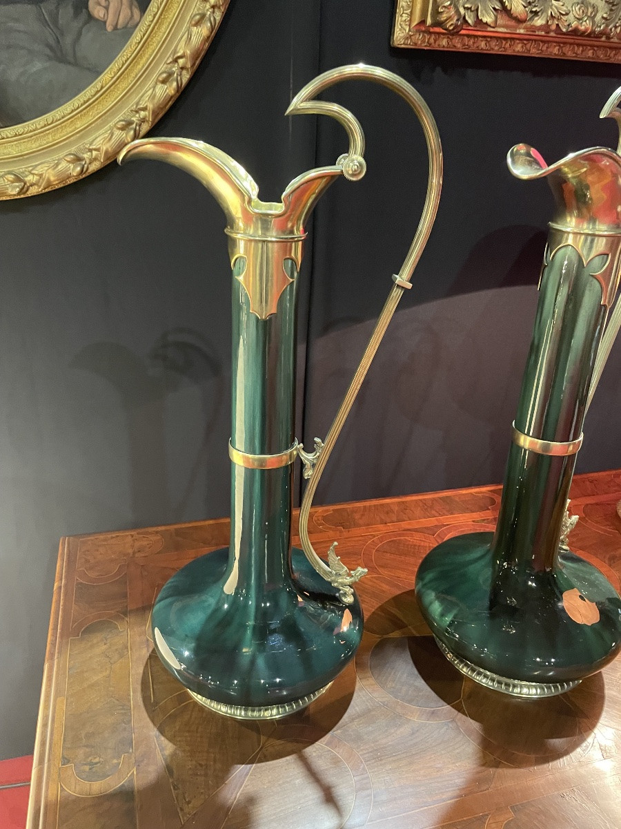 Pair Of Hasselt Majolica Ewers With Gilt Bronze Mounting -photo-6