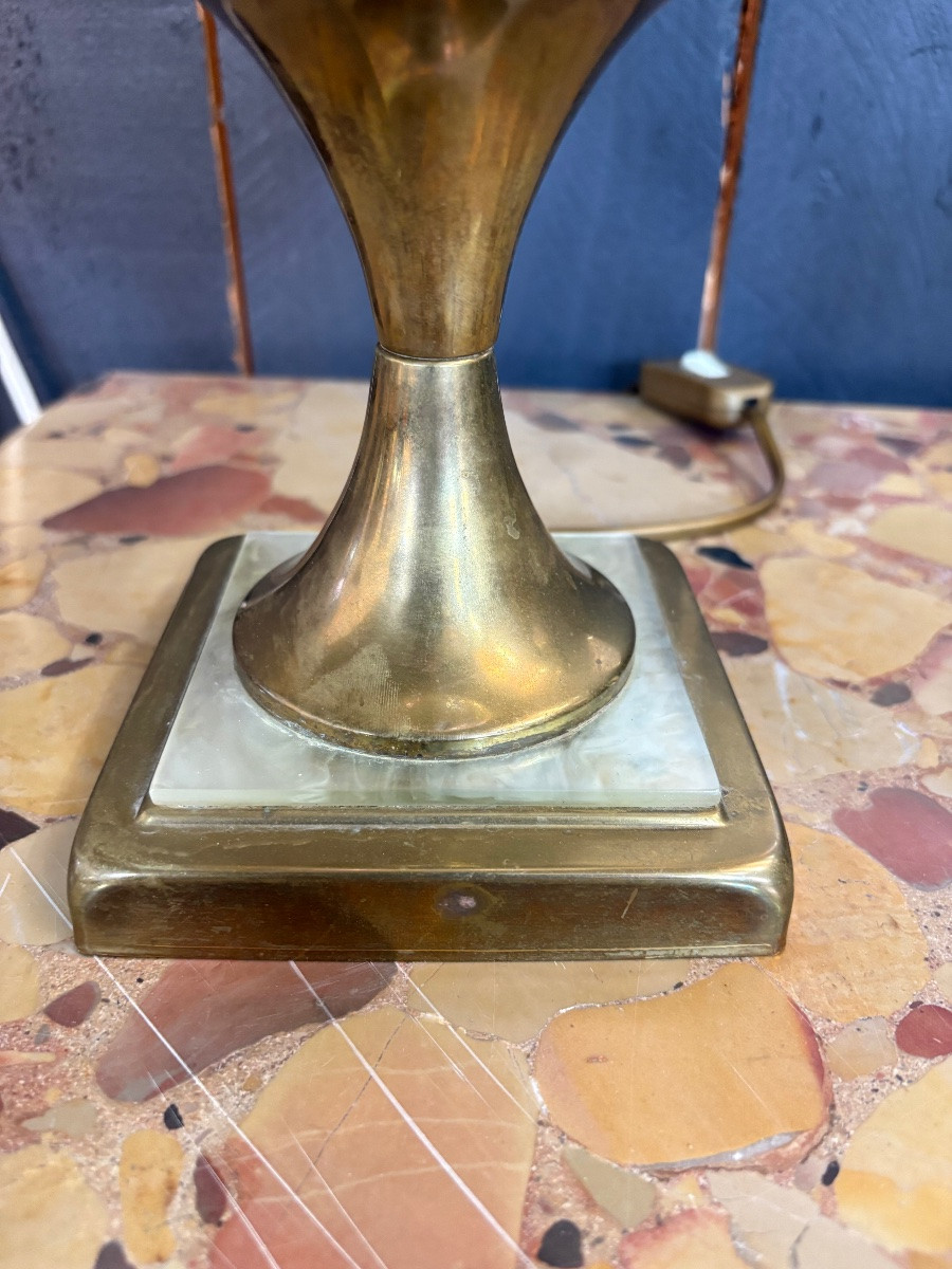 Vintage Maison Rougier Lamp From The 60s – Floral Design In Pearly Petals And Gilded Brass-photo-4