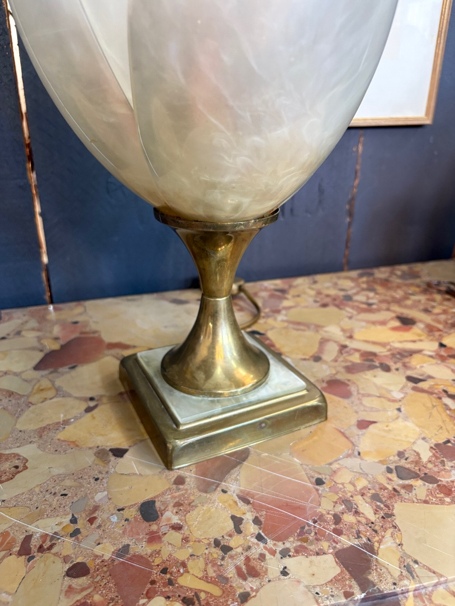 Vintage Maison Rougier Lamp From The 60s – Floral Design In Pearly Petals And Gilded Brass-photo-1