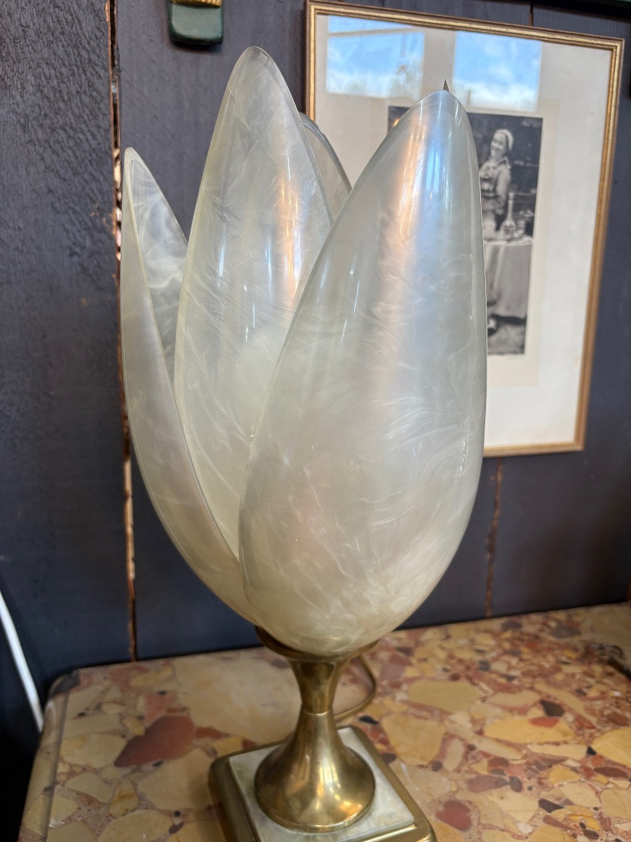 Vintage Maison Rougier Lamp From The 60s – Floral Design In Pearly Petals And Gilded Brass-photo-2