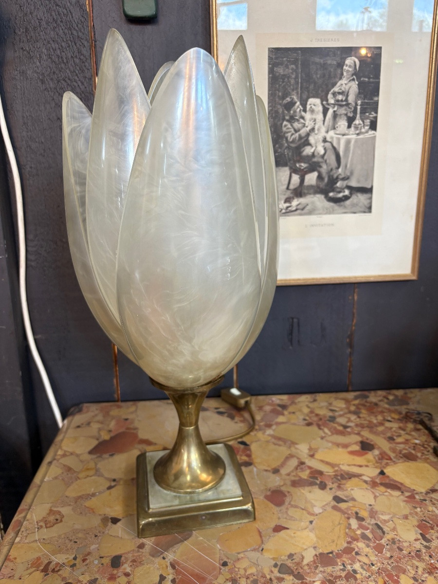 Vintage Maison Rougier Lamp From The 60s – Floral Design In Pearly Petals And Gilded Brass-photo-4