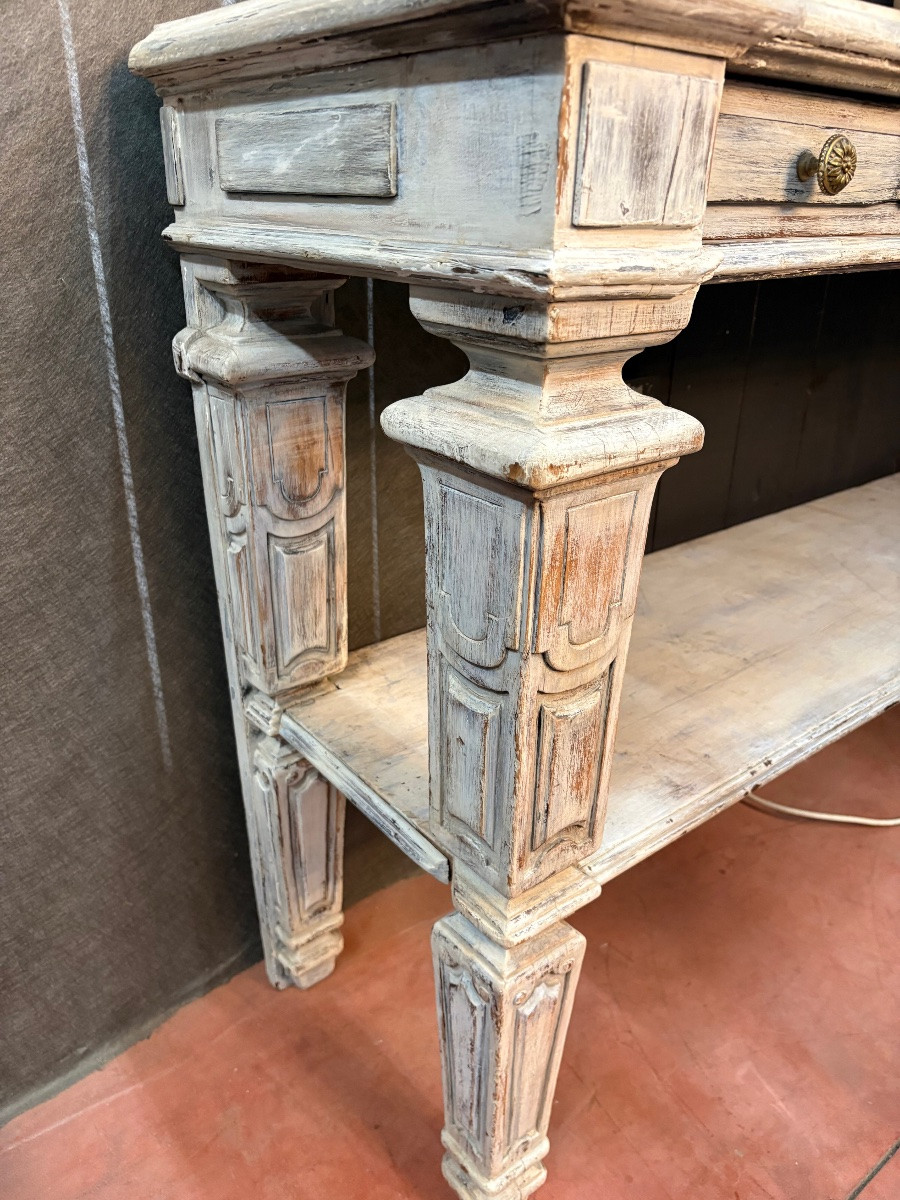 Directoire Style Console Table In Cerused Solid Oak – 19th Century – Three Drawers – Beautiful Patina-photo-3