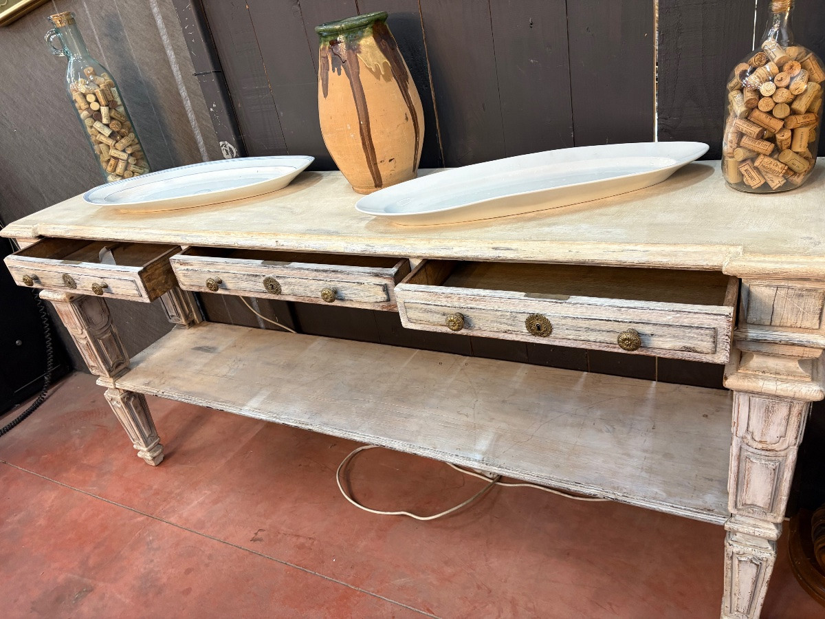 Directoire Style Console Table In Cerused Solid Oak – 19th Century – Three Drawers – Beautiful Patina-photo-1