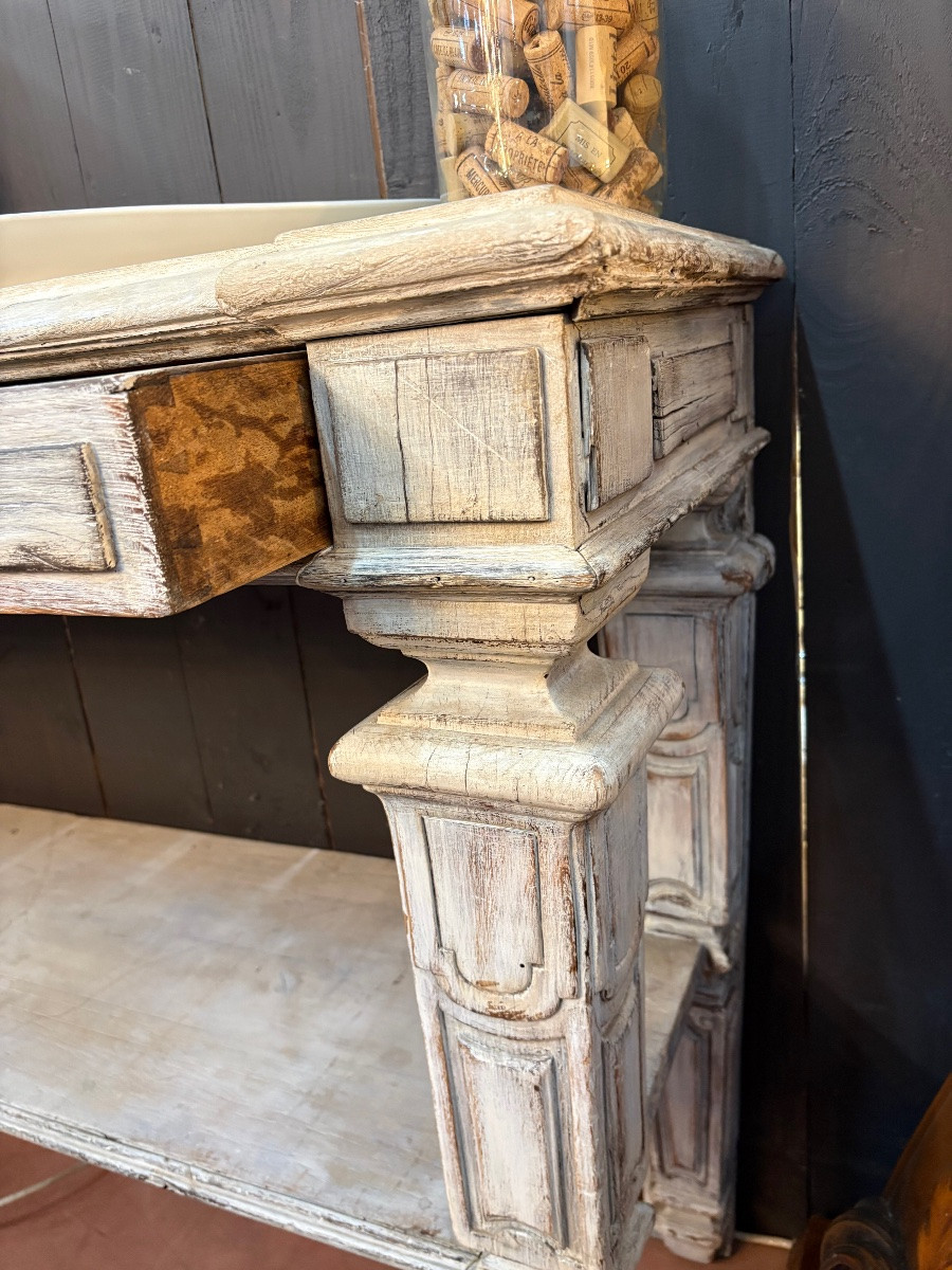 Directoire Style Console Table In Cerused Solid Oak – 19th Century – Three Drawers – Beautiful Patina-photo-4