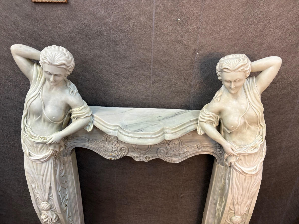 Cheminée au cariatides en marbre de Carrare Style Art Nouveau -photo-5