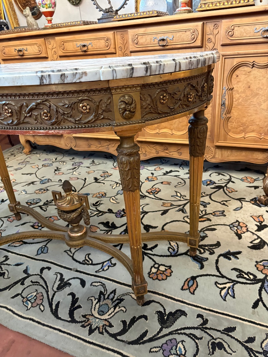 Louis XVI Style Console In Carved Wood And Gilded Stucco, Medici Vase Stretcher, Ma Top-photo-2