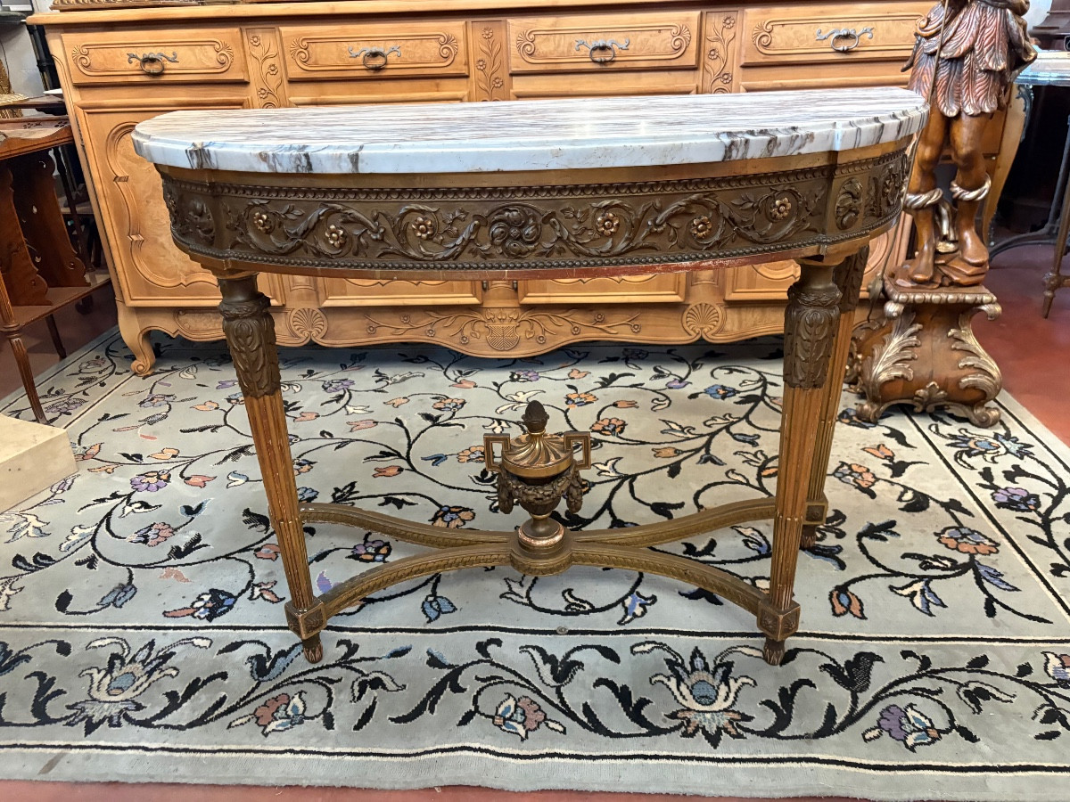 Louis XVI Style Console In Carved Wood And Gilded Stucco, Medici Vase Stretcher, Ma Top