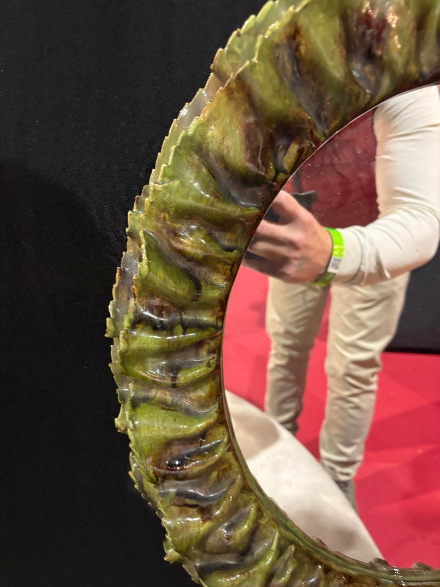 Green Glazed Ceramic Mirror, Attributed To Fausto Melotti, Circa 1950 Elegant Mura Mirror-photo-2