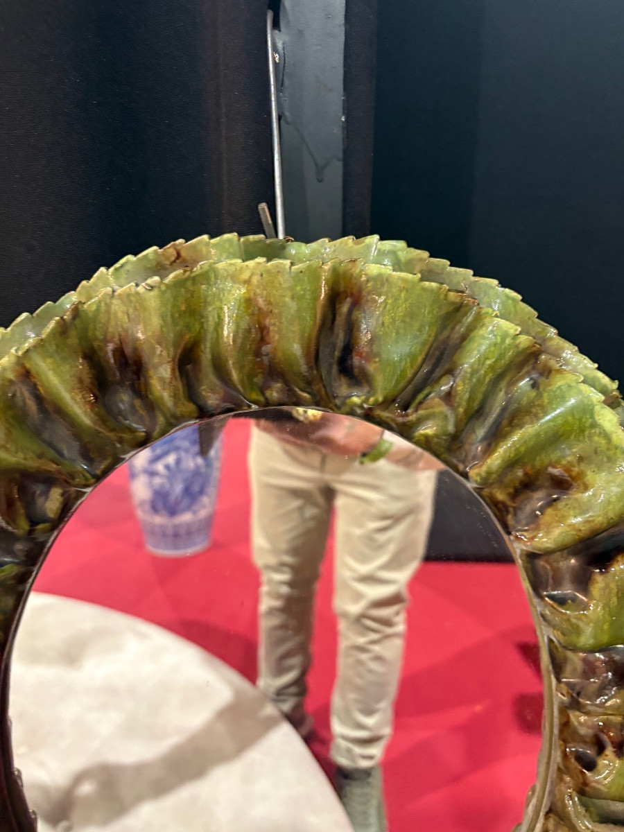 Green Glazed Ceramic Mirror, Attributed To Fausto Melotti, Circa 1950 Elegant Mura Mirror-photo-3