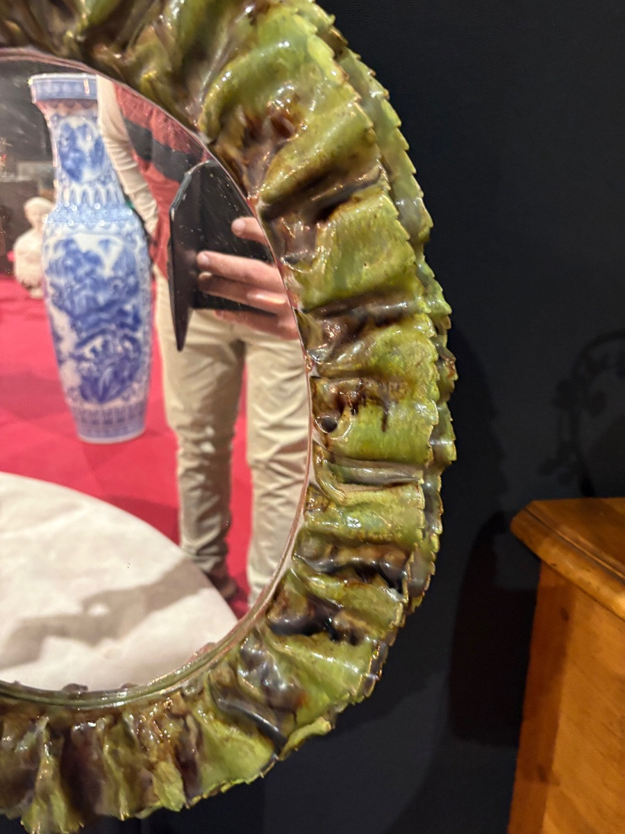 Green Glazed Ceramic Mirror, Attributed To Fausto Melotti, Circa 1950 Elegant Mura Mirror-photo-4