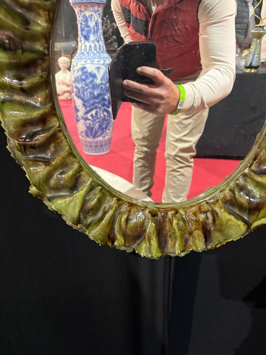 Green Glazed Ceramic Mirror, Attributed To Fausto Melotti, Circa 1950 Elegant Mura Mirror-photo-1