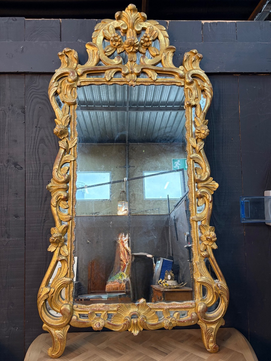 Important miroir sur pied de style Régence provençale en bois doré à parecloses