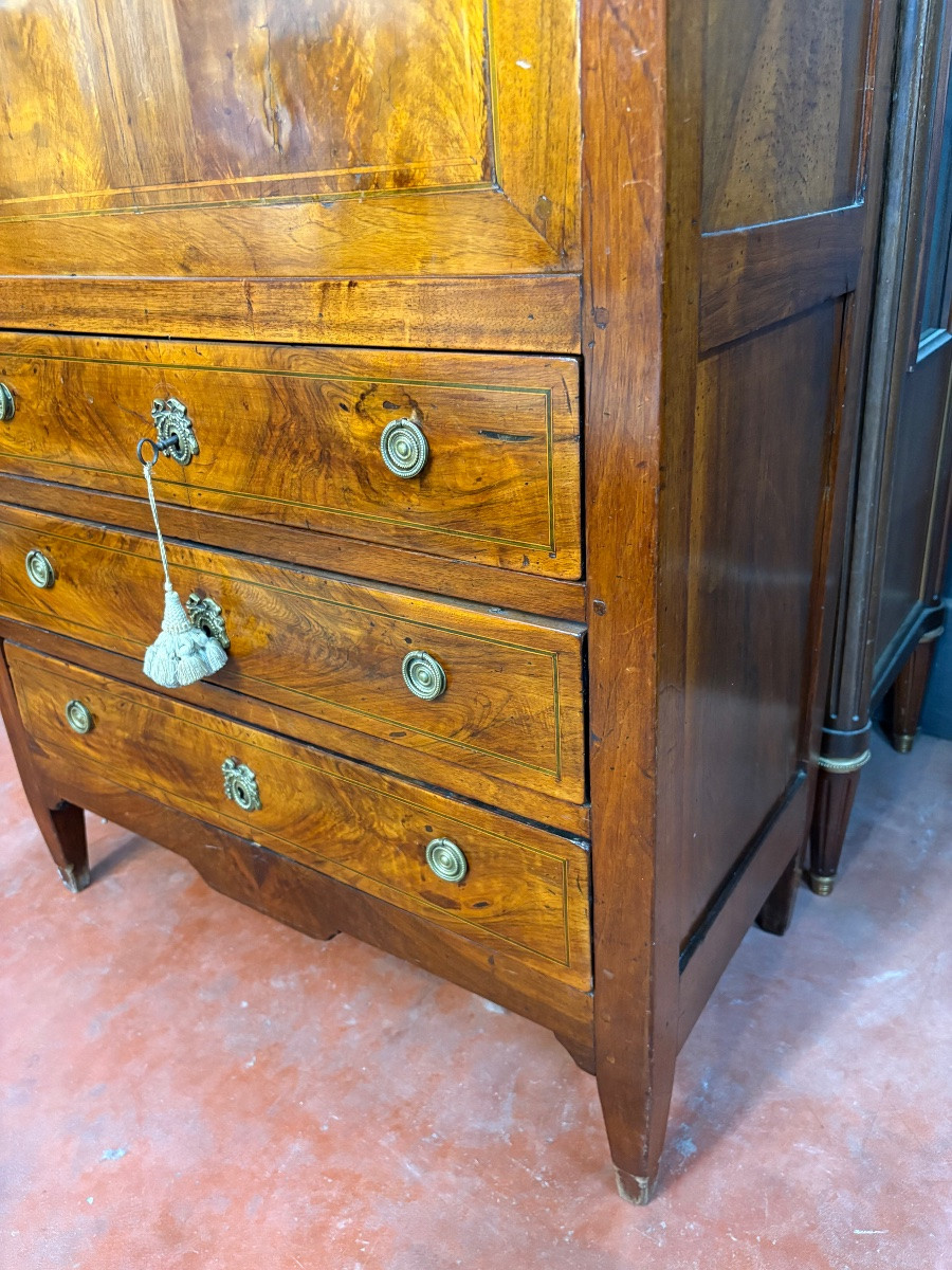 Secrétaire en noyer d’époque Louis XVI à abattant, avec intérieur à secrets et cuir vert-photo-4