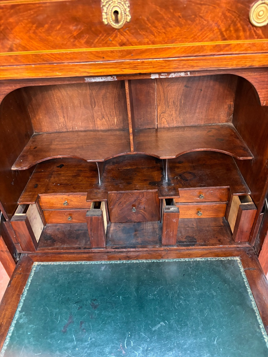 Secrétaire en noyer d’époque Louis XVI à abattant, avec intérieur à secrets et cuir vert-photo-3
