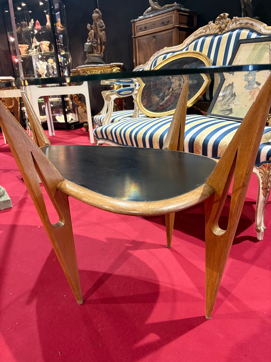 Table basse italienne de style Cesare Lacca – Bois, cuir et verre – Années 1950/1960-photo-4