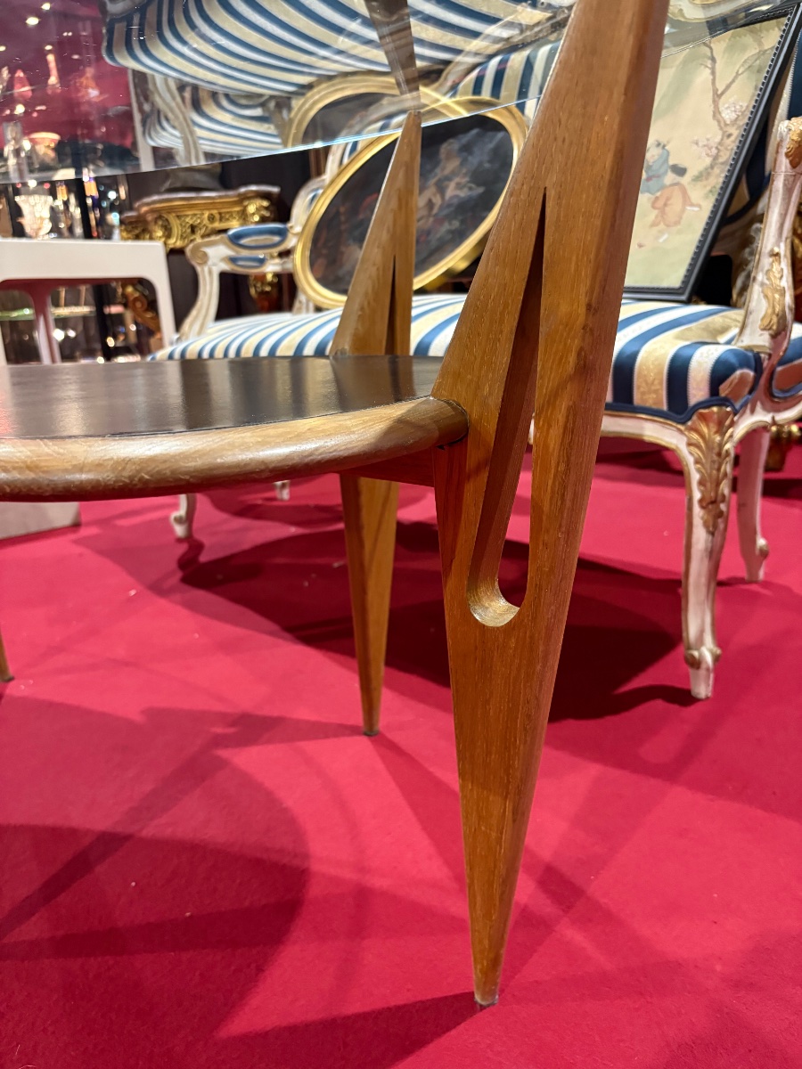 Table basse italienne de style Cesare Lacca – Bois, cuir et verre – Années 1950/1960-photo-1