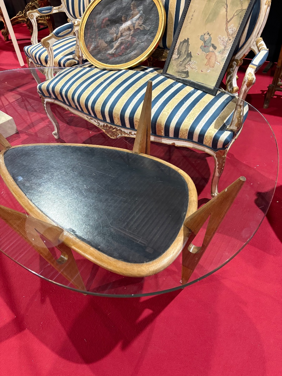 Table basse italienne de style Cesare Lacca – Bois, cuir et verre – Années 1950/1960-photo-3