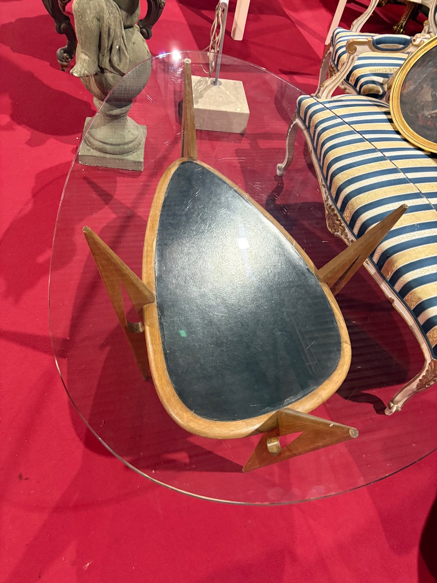 Table basse italienne de style Cesare Lacca – Bois, cuir et verre – Années 1950/1960-photo-7