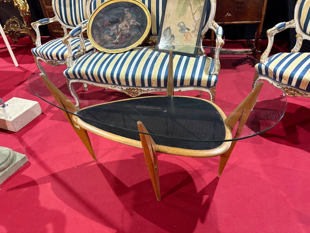 Table basse italienne de style Cesare Lacca – Bois, cuir et verre – Années 1950/1960