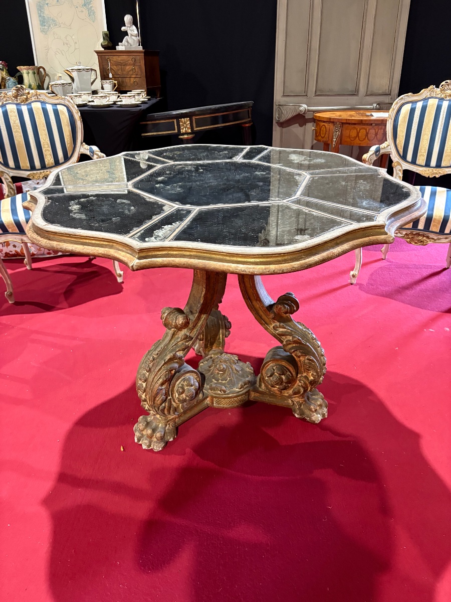 Napoleon III-style Coffee Table In Richly Carved Gilded Wood, With A Mirrored Top 
