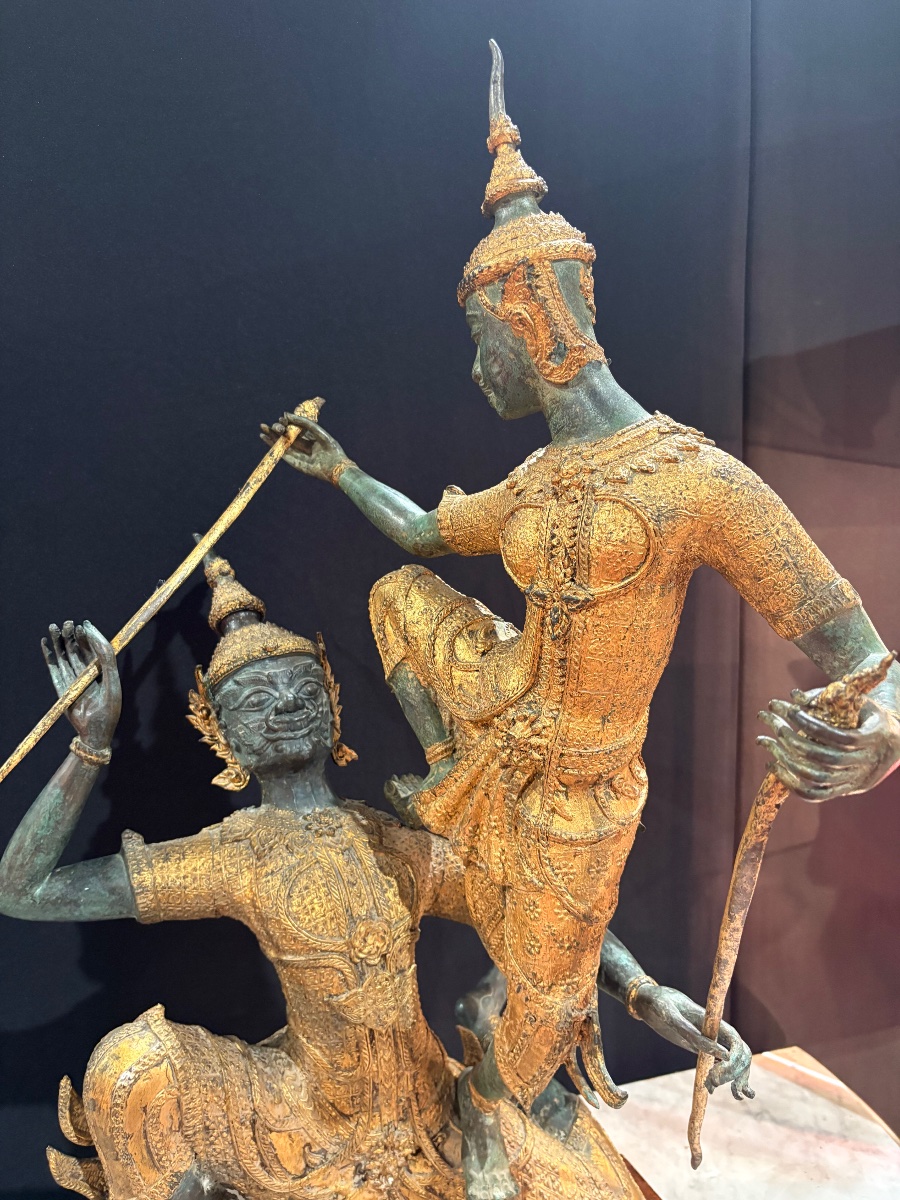 Bronze Sculpture With A Brown And Gold Patina – Scene From The Ramakien – Thailand, 20th Century-photo-3