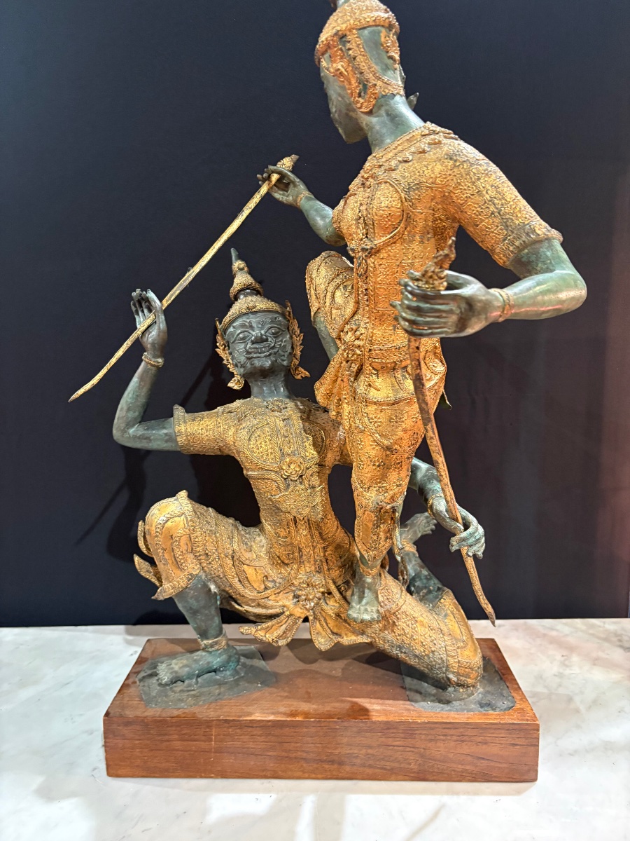Bronze Sculpture With A Brown And Gold Patina – Scene From The Ramakien – Thailand, 20th Century-photo-4