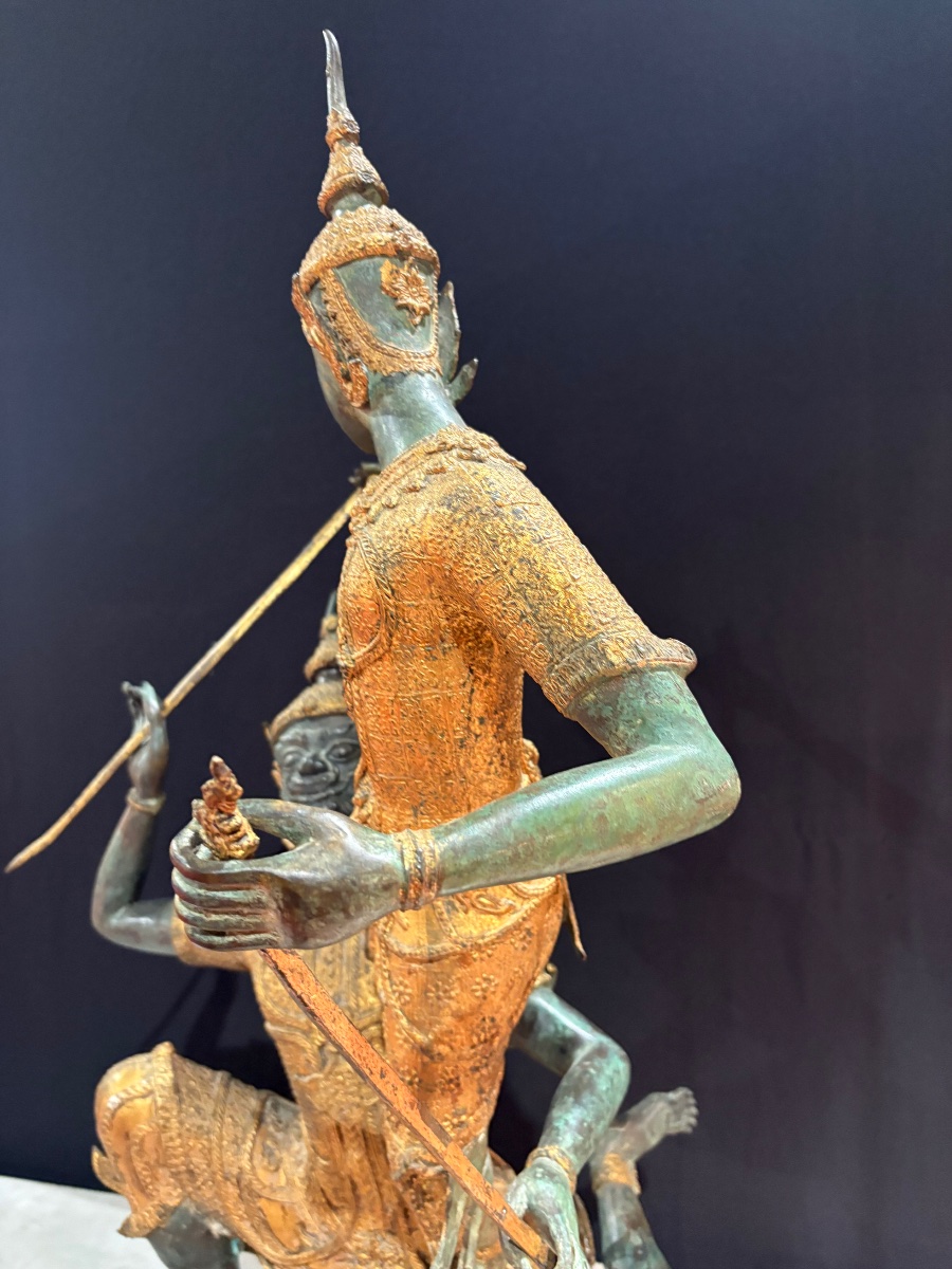 Bronze Sculpture With A Brown And Gold Patina – Scene From The Ramakien – Thailand, 20th Century-photo-1