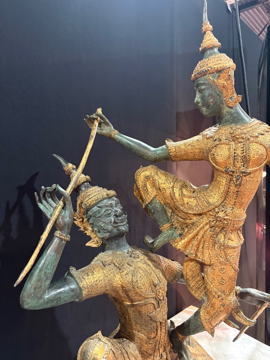 Bronze Sculpture With A Brown And Gold Patina – Scene From The Ramakien – Thailand, 20th Century-photo-3
