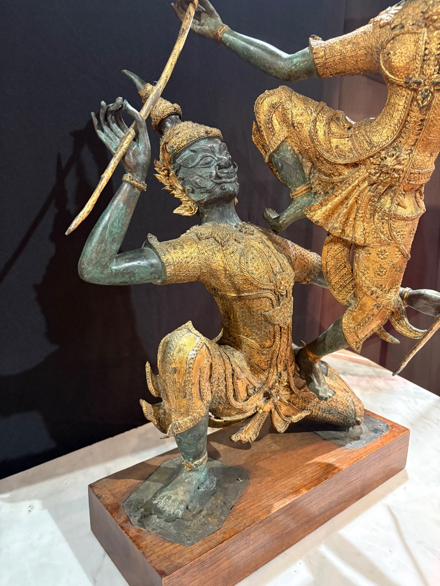 Bronze Sculpture With A Brown And Gold Patina – Scene From The Ramakien – Thailand, 20th Century-photo-4