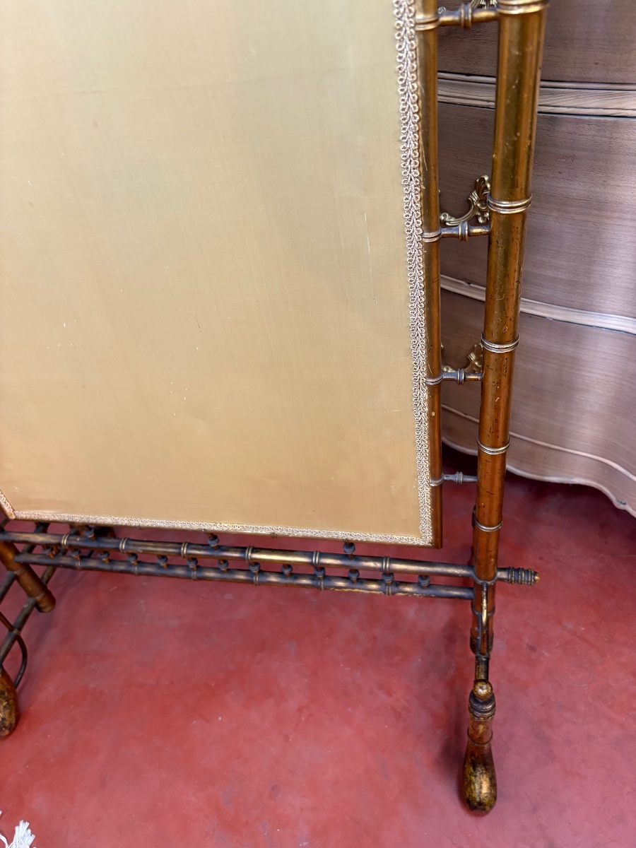 Napoleon III-era Fireplace Screen Made Of Gilded Wood And Embroidered Silk-photo-2