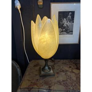 Vintage Maison Rougier Lamp From The 60s – Floral Design In Pearly Petals And Gilded Brass