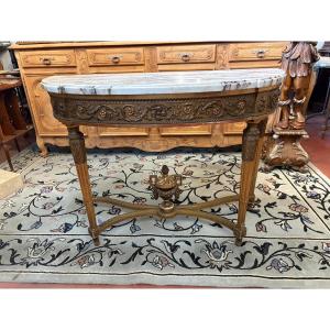 Console de Style Louis XVI en Bois Sculpté et Stuc Doré, Entretoise au Vase Médicis, Plateau Ma