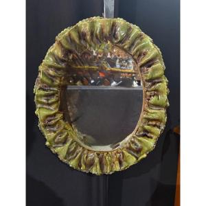 Green Glazed Ceramic Mirror, Attributed To Fausto Melotti, Circa 1950 Elegant Mura Mirror