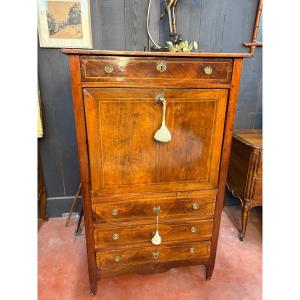 Louis XVI Period Walnut Secretary With Flap, Interior With Secrets And Green Leather