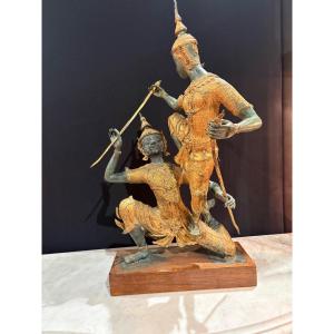 Bronze Sculpture With A Brown And Gold Patina – Scene From The Ramakien – Thailand, 20th Century
