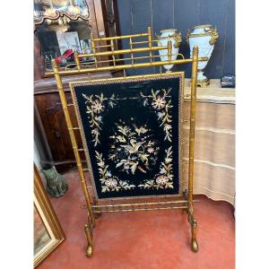 Napoleon III-era Fireplace Screen Made Of Gilded Wood And Embroidered Silk