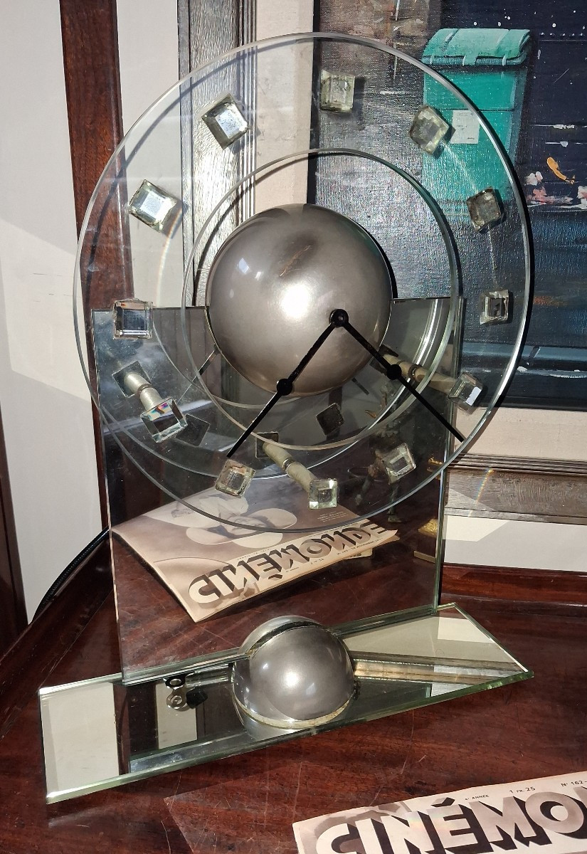 "La pendule à miroir" Pendule moderniste vers 1930 par Jean Tranchant-photo-2