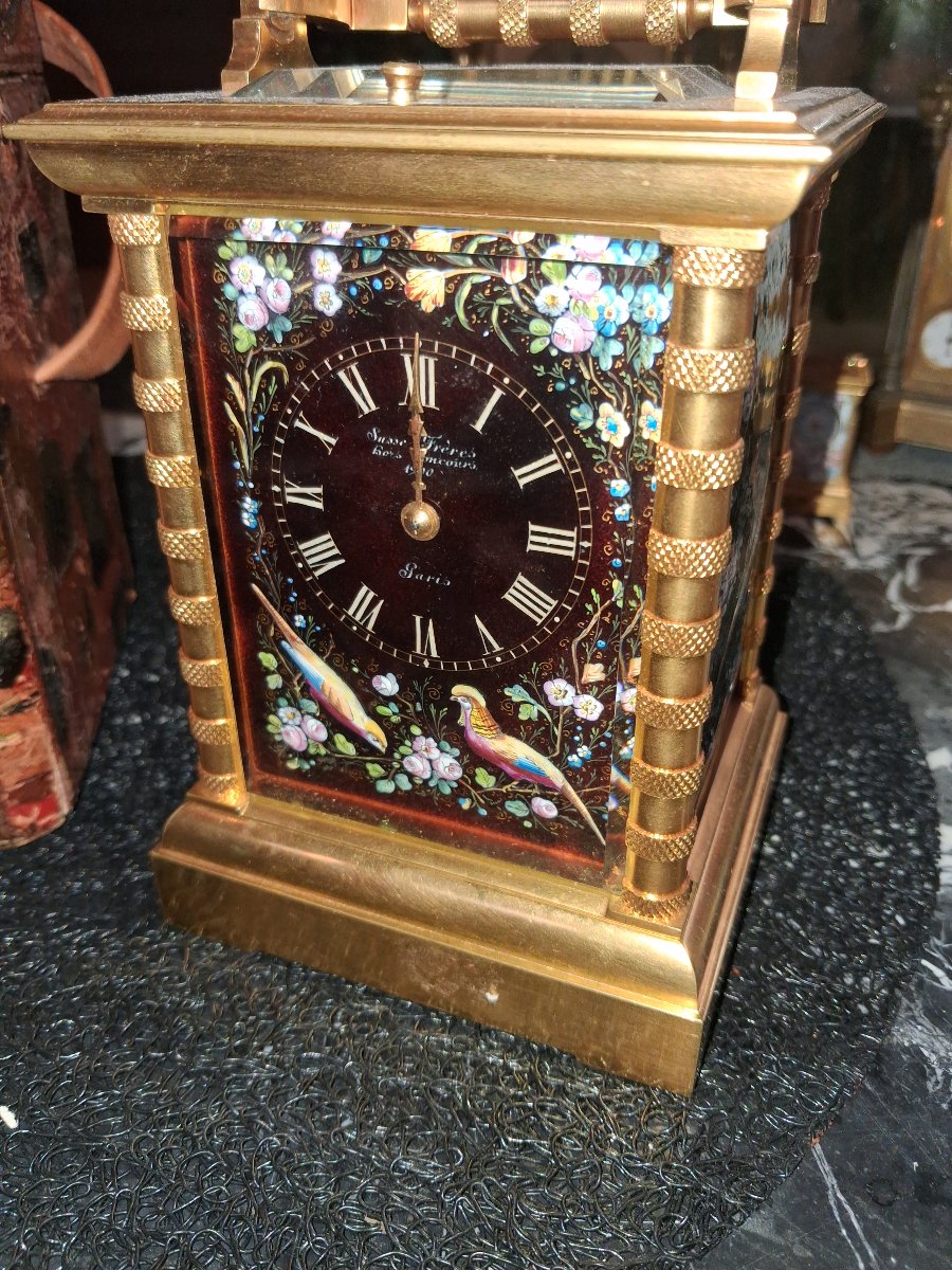 Enameled Travel Clock From Susse Frères, Marked "hors Concours 1908"