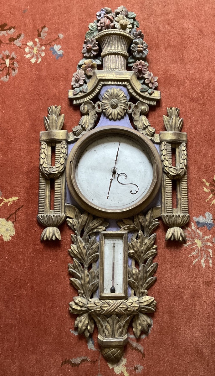 18th Century Barometer, Gilded And Painted Wood-photo-6